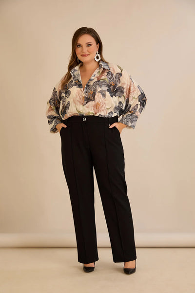 Pantalon larg mărime mare din bumbac cu margine – negru