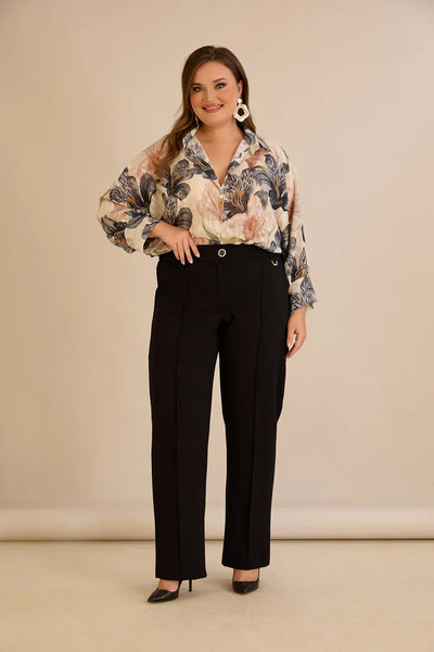 Pantalon larg mărime mare din bumbac cu margine – negru