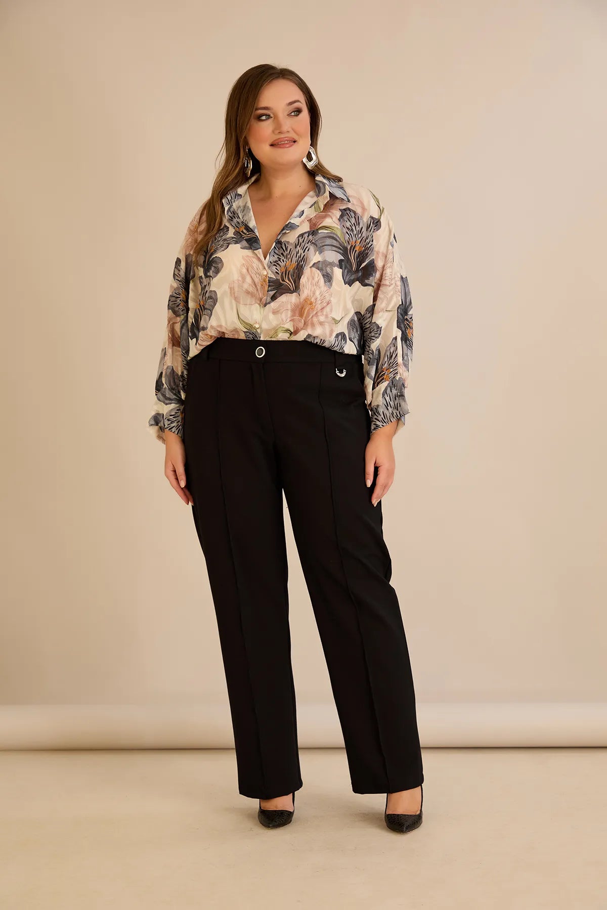 Pantalon larg mărime mare din bumbac cu margine – negru