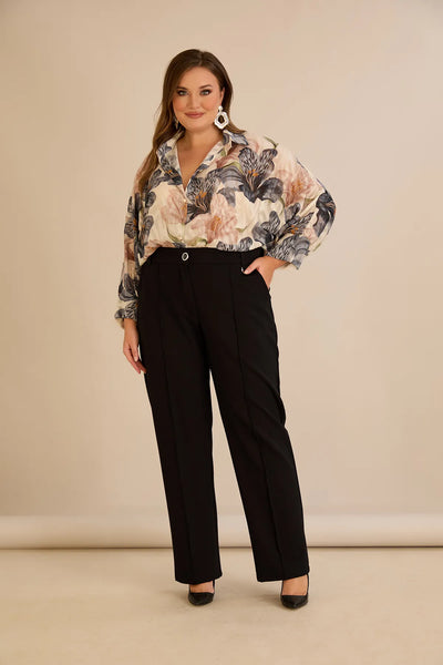 Pantalon larg mărime mare din bumbac cu margine – negru