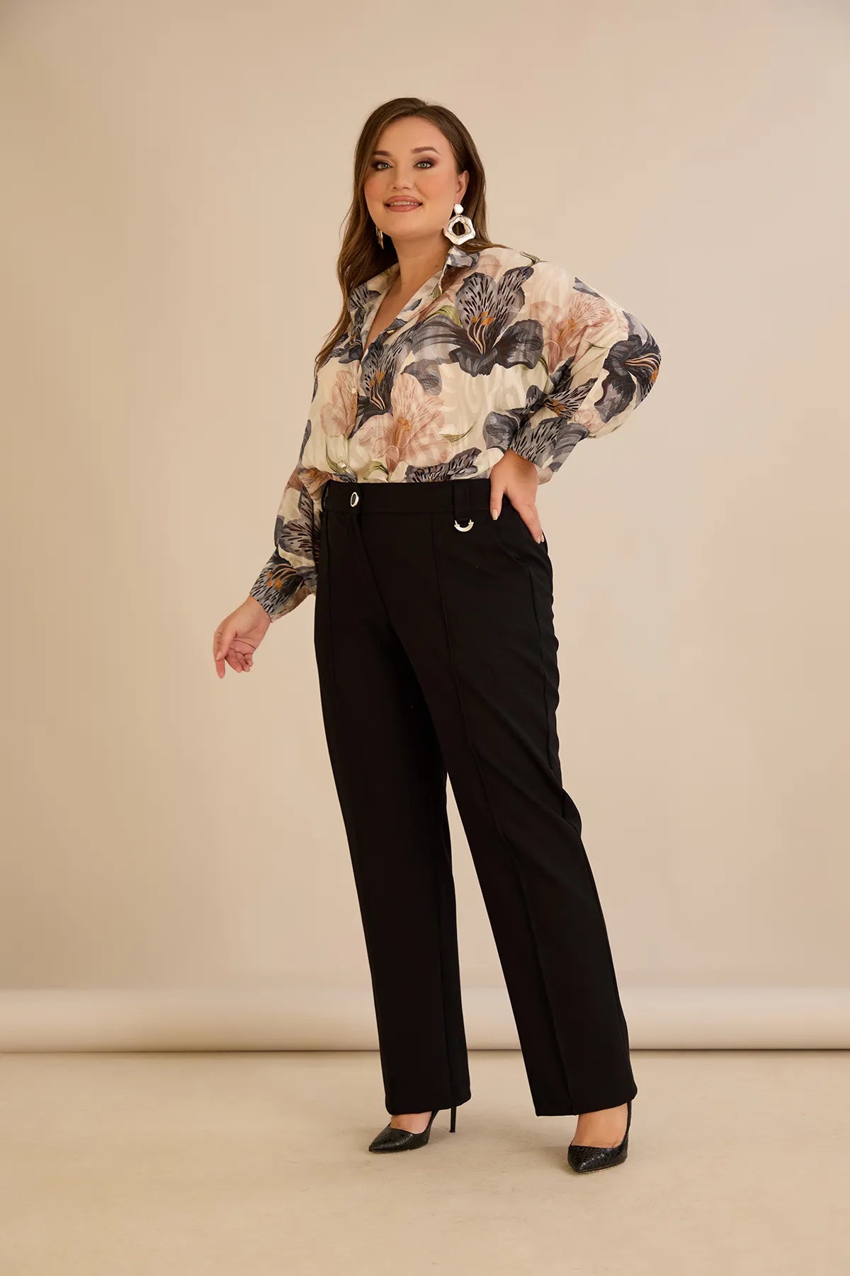 Pantalon larg mărime mare din bumbac cu margine – negru