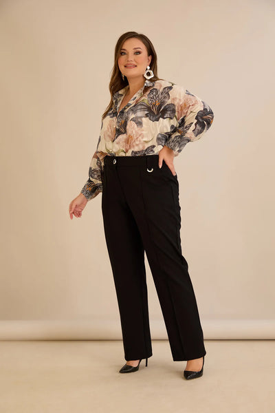 Pantalon larg mărime mare din bumbac cu margine – negru