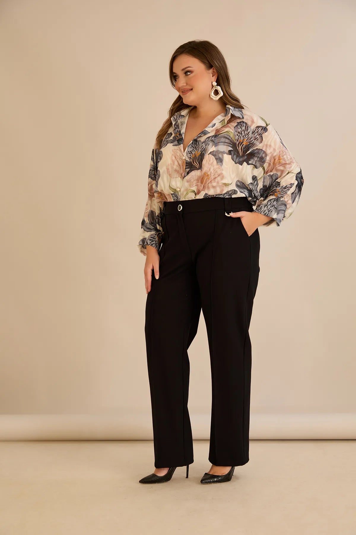 Pantalon larg mărime mare din bumbac cu margine – negru