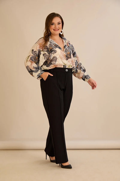 Pantalon larg mărime mare din bumbac cu margine – negru