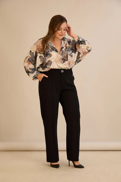 Pantalon larg mărime mare din bumbac cu margine – negru