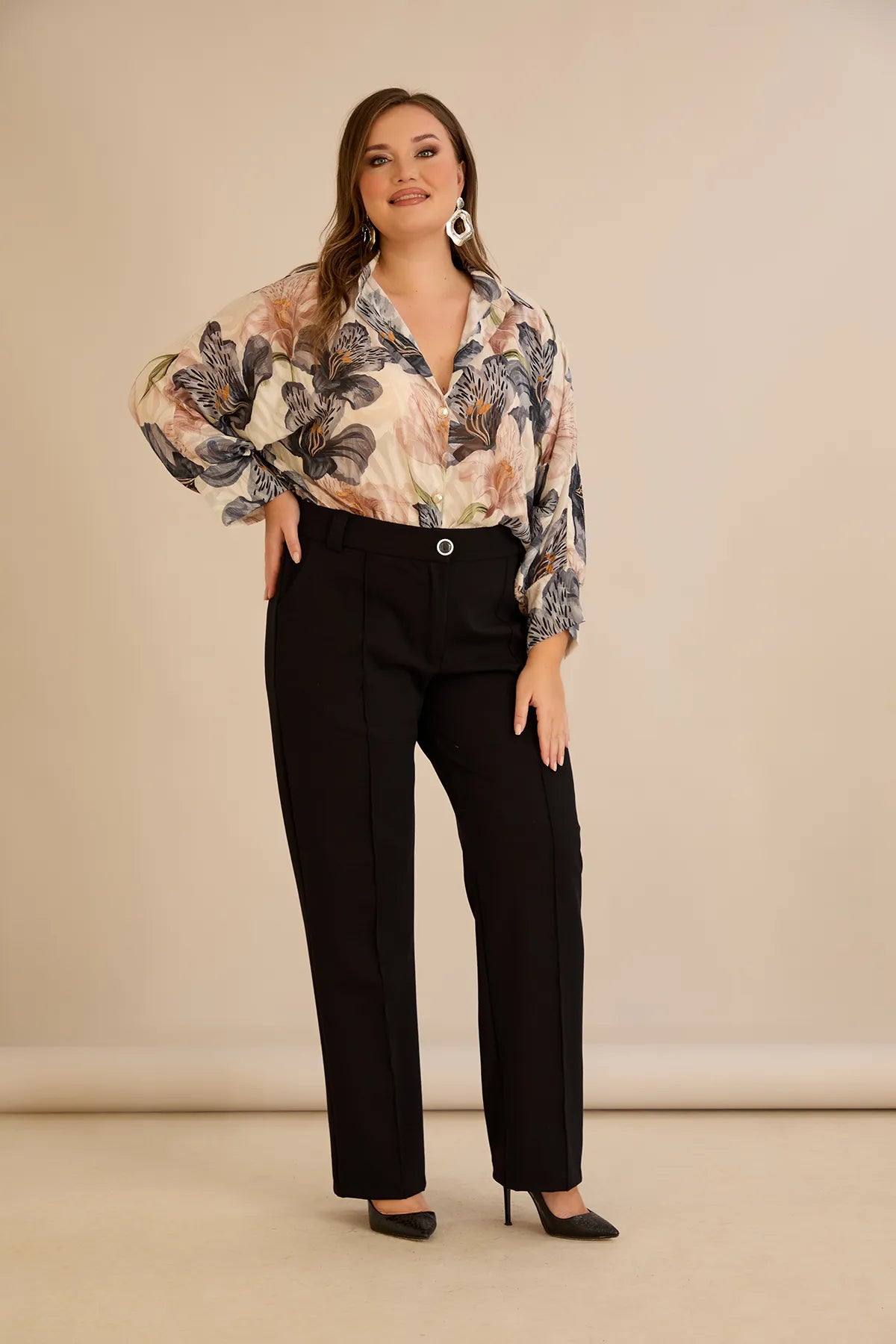 Pantalon larg mărime mare din bumbac cu margine – negru