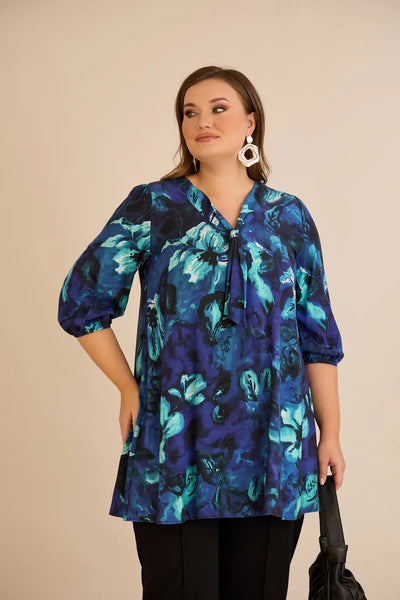 Tunică mărime mare în linie A cu imprimeu de autor