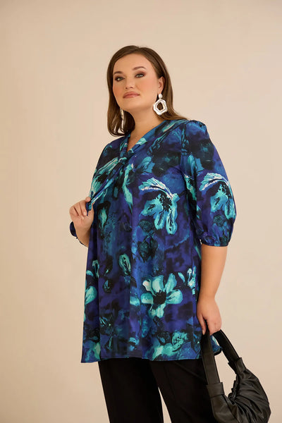 Tunică mărime mare în linie A cu imprimeu de autor