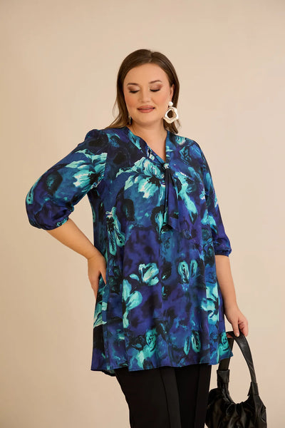 Tunică mărime mare în linie A cu imprimeu de autor