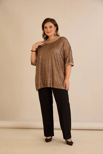 Bluză lejeră mărime mare cu mâneci raglan din paiete – Golden Night