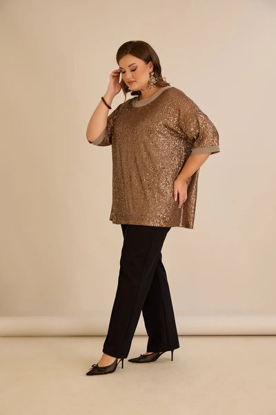 Bluză lejeră mărime mare cu mâneci raglan din paiete – Golden Night