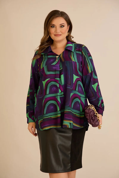 Tunică tip cămașă mărime mare cu broșă - lila