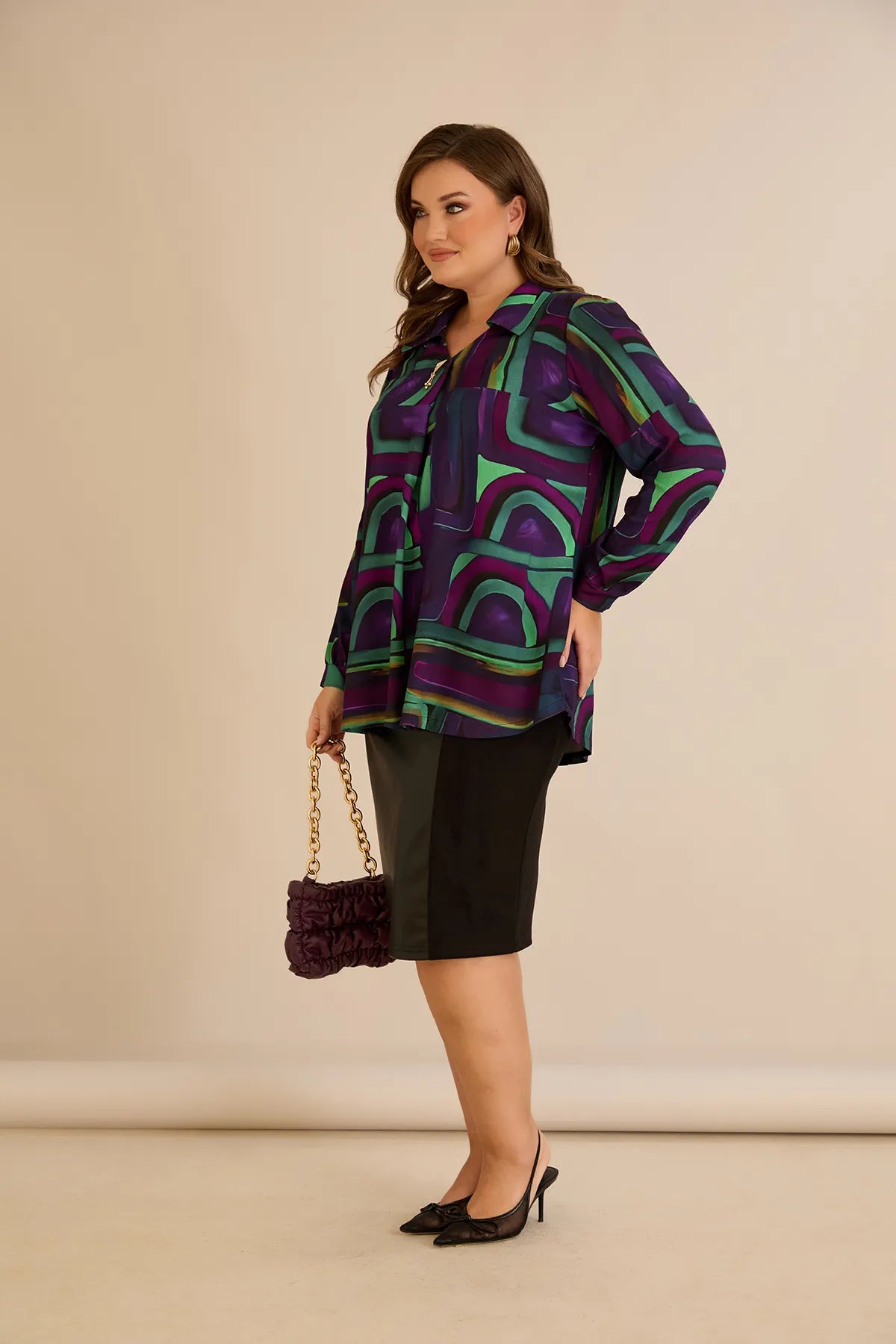 Tunică tip cămașă mărime mare cu broșă - lila
