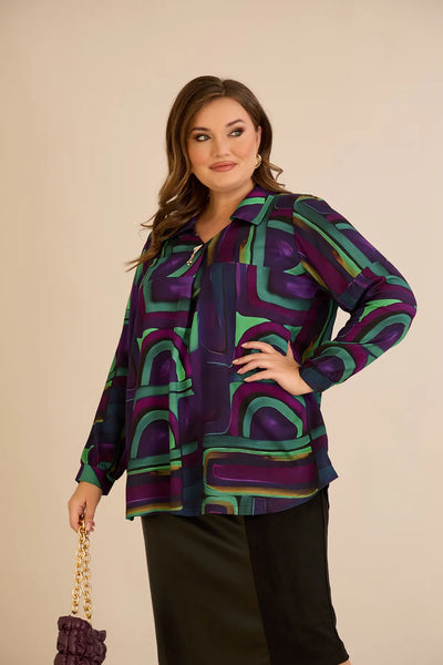 Tunică tip cămașă mărime mare cu broșă - lila