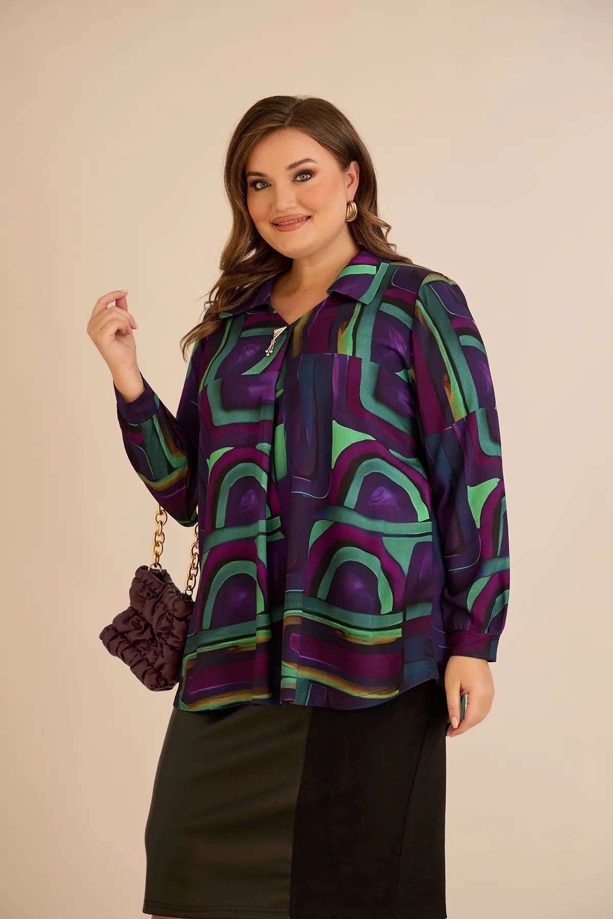 Tunică tip cămașă mărime mare cu broșă - lila