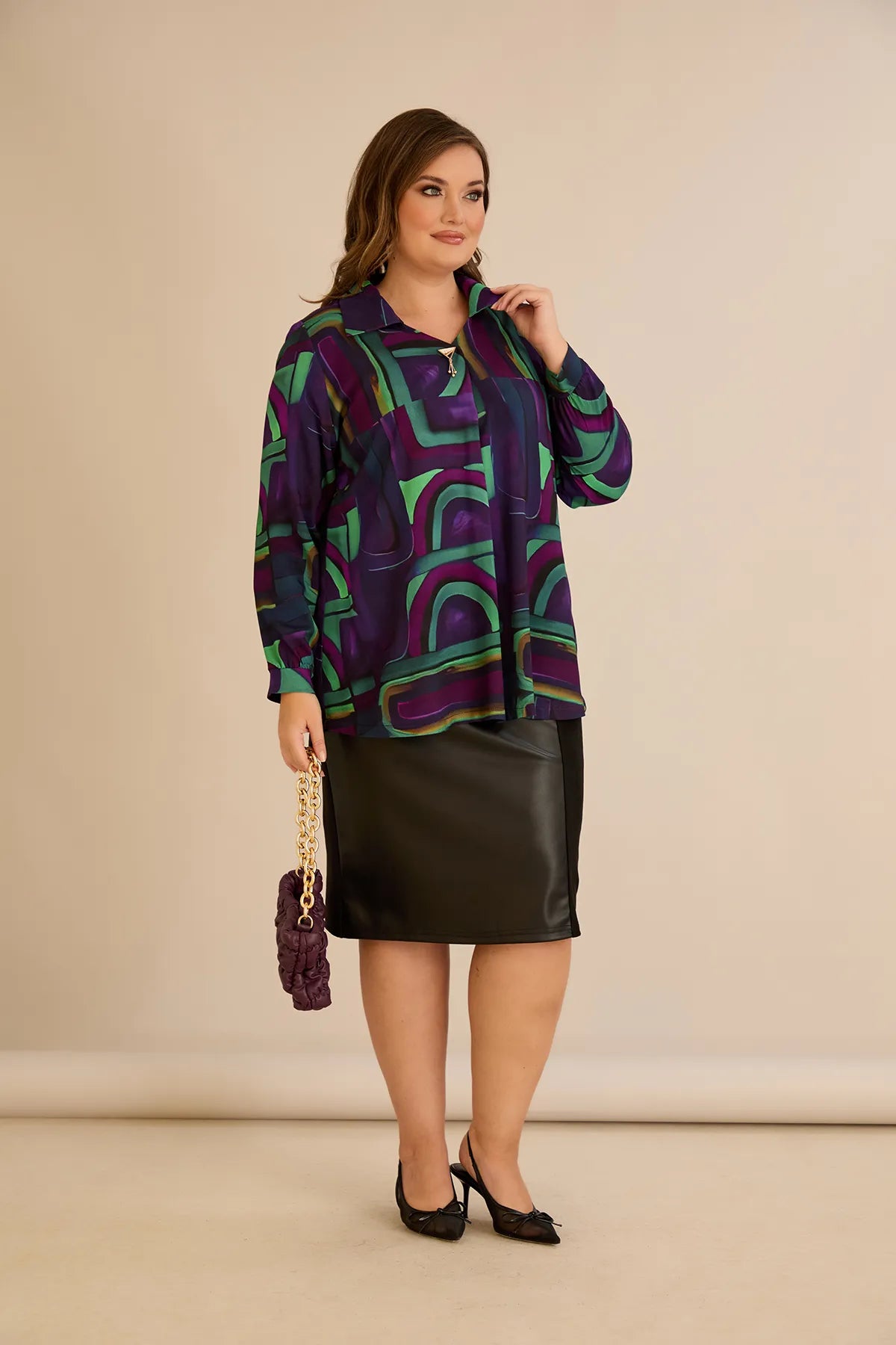 Tunică tip cămașă mărime mare cu broșă - lila