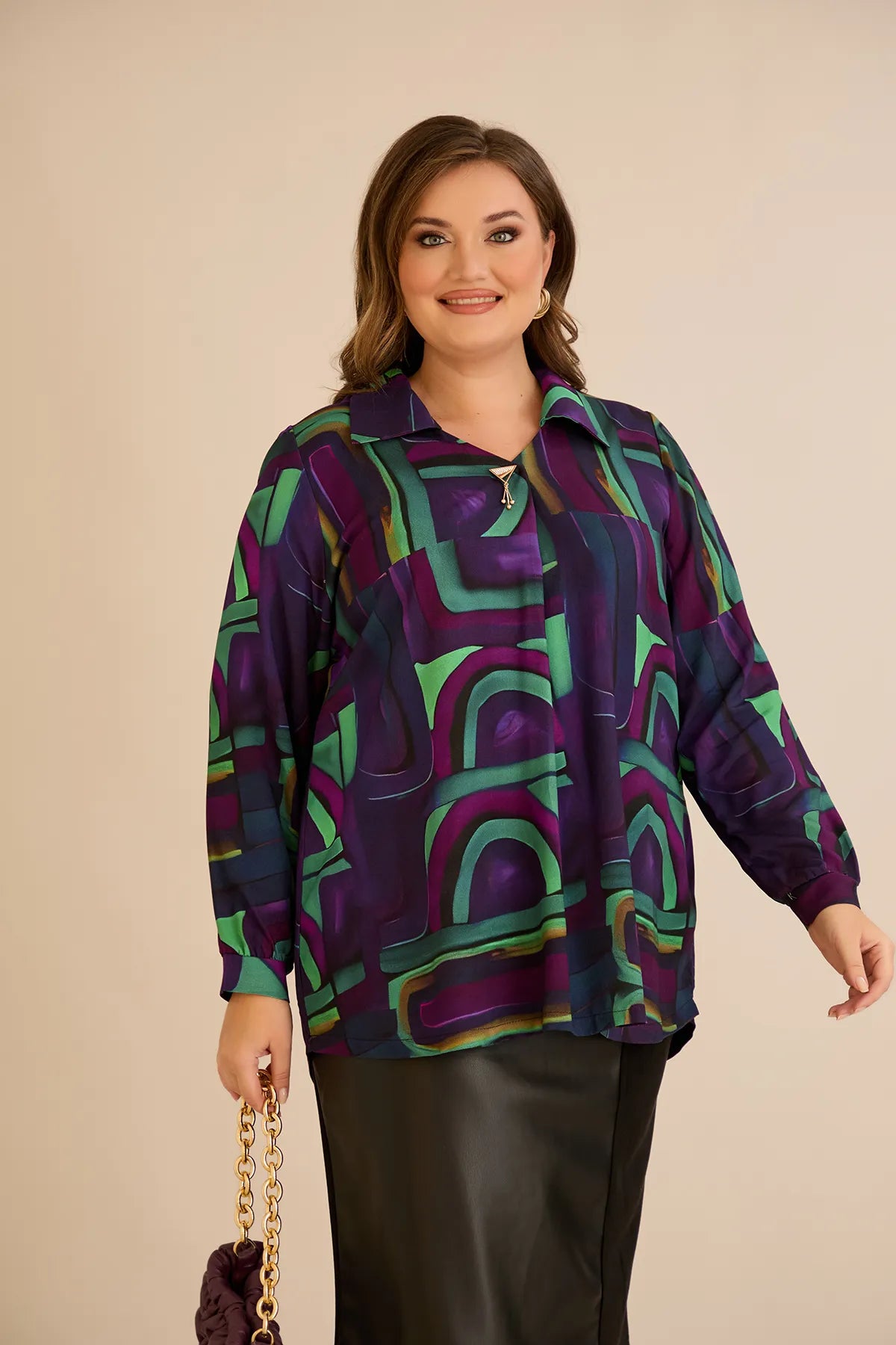 Tunică tip cămașă mărime mare cu broșă - lila