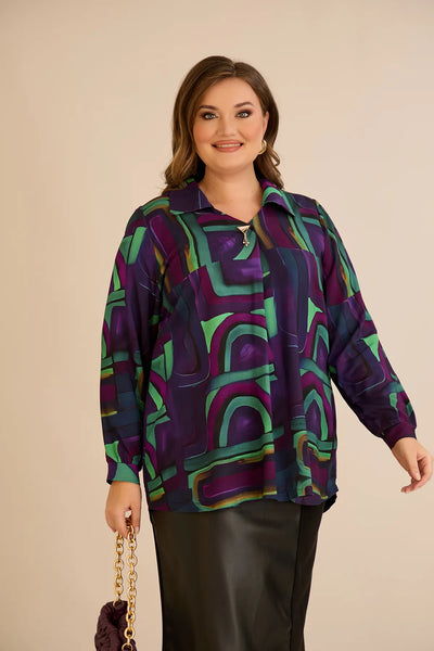 Tunică tip cămașă mărime mare cu broșă - lila