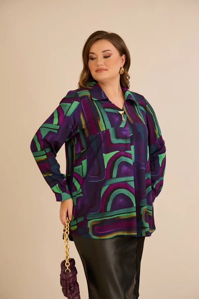 Tunică tip cămașă mărime mare cu broșă - lila