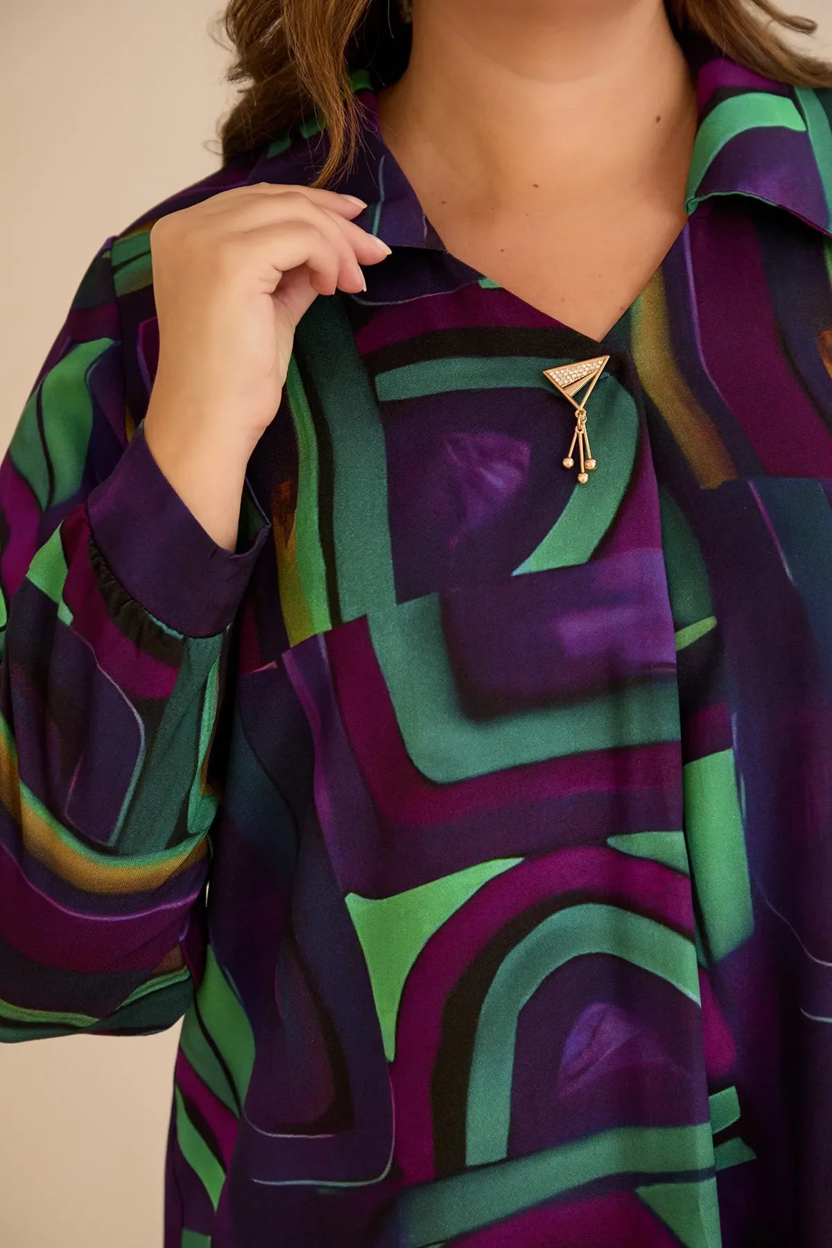 Tunică tip cămașă mărime mare cu broșă - lila