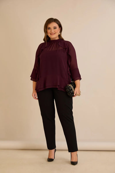 Bluză elegantă mărime mare din șifon cu volane – burgundy