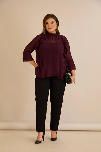 Bluză elegantă mărime mare din șifon cu volane – burgundy