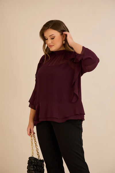 Bluză elegantă mărime mare din șifon cu volane – burgundy