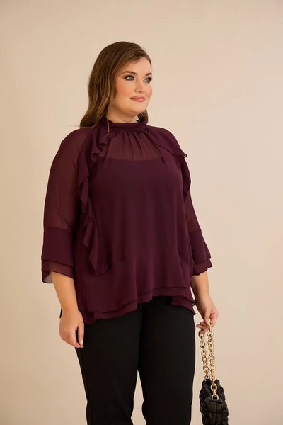 Bluză elegantă mărime mare din șifon cu volane – burgundy