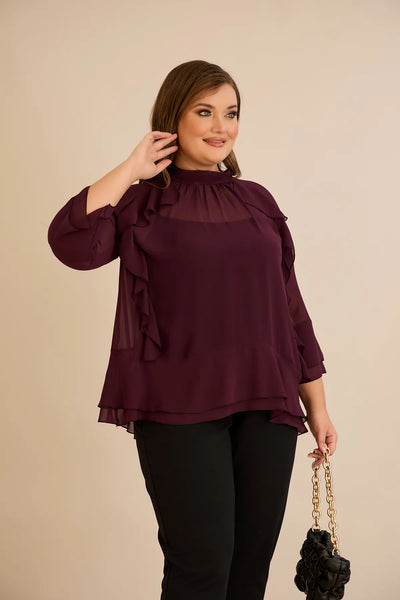 Bluză elegantă mărime mare din șifon cu volane – burgundy