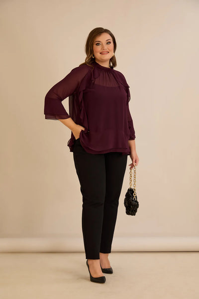 Bluză elegantă mărime mare din șifon cu volane – burgundy