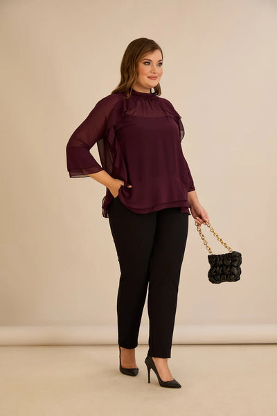 Bluză elegantă mărime mare din șifon cu volane – burgundy