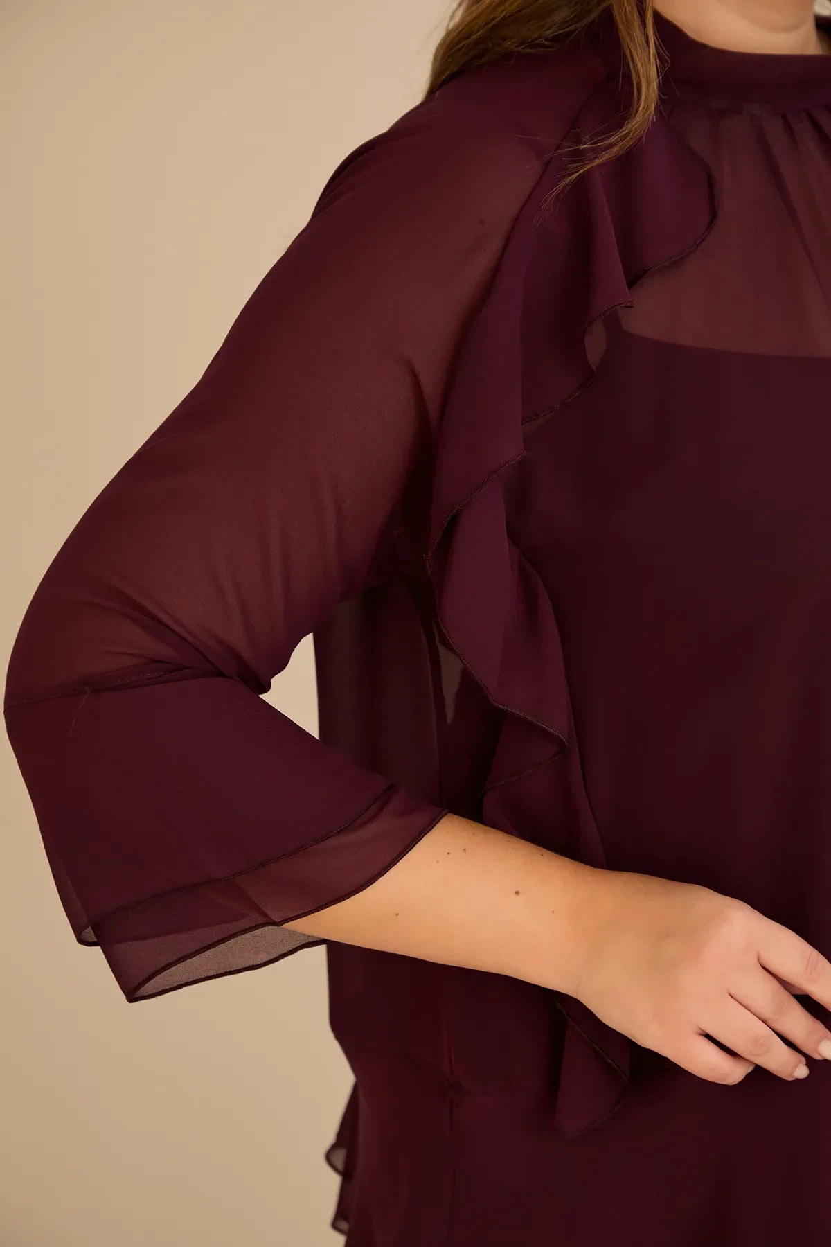 Bluză elegantă mărime mare din șifon cu volane – burgundy