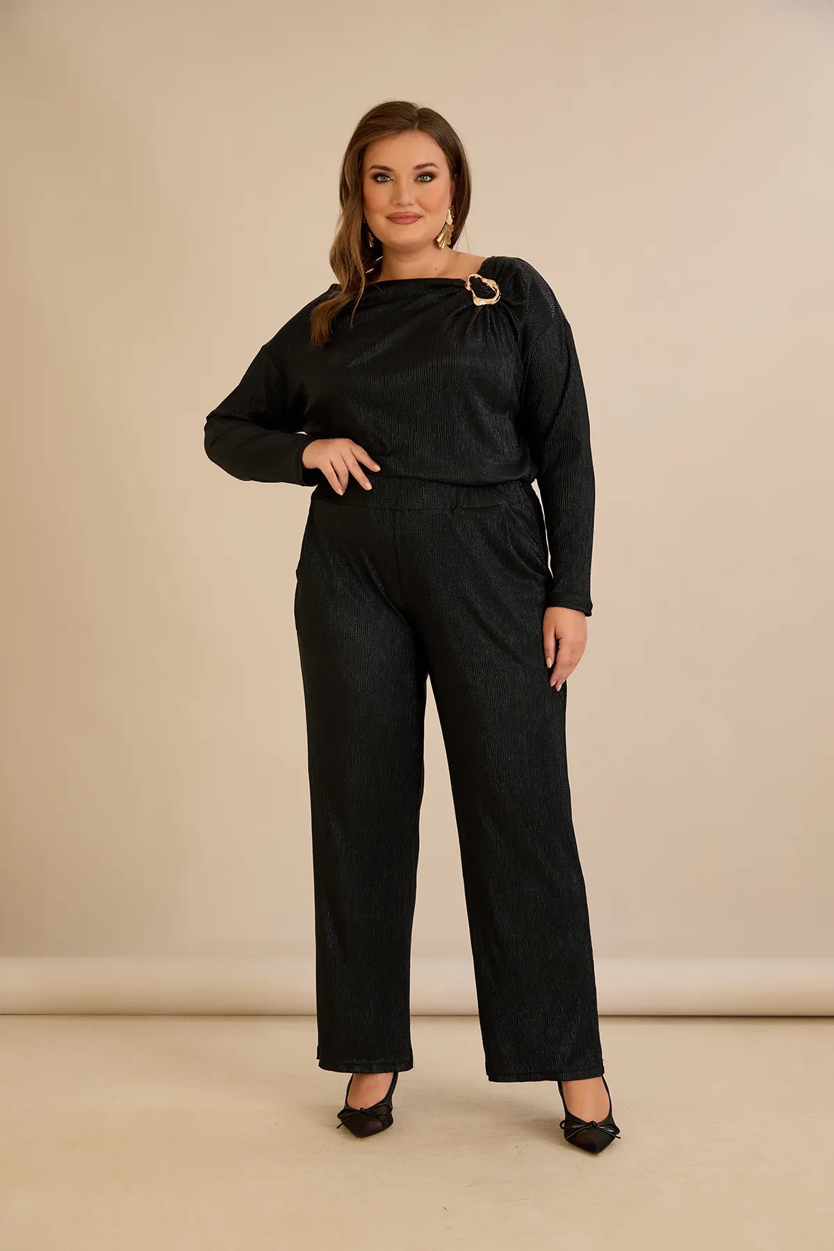 Compleu festiv mărime mare din material plisat (solei)