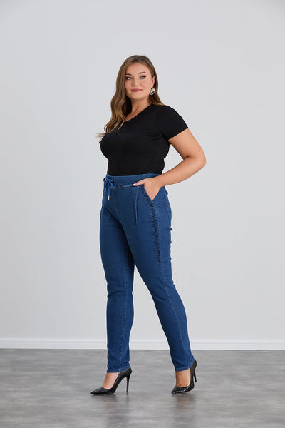 Blugi marime mare cu pietricele si talie elastica
