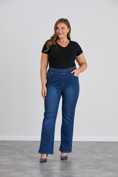 Blugi marimi mari evazati de la genunchi si talie elastica - Bootcut albastru