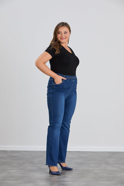 Blugi marimi mari evazati de la genunchi si talie elastica - Bootcut albastru