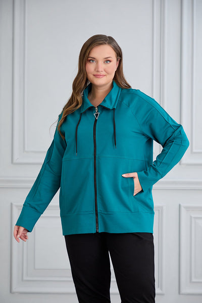 Bluza de trening marime mare cu fermoar si buzunare - petrol