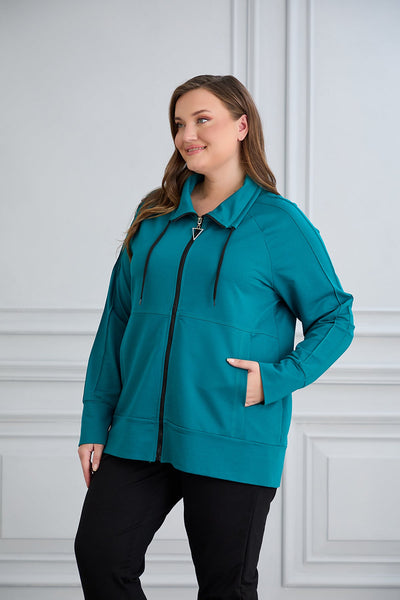 Bluza de trening marime mare cu fermoar si buzunare - petrol