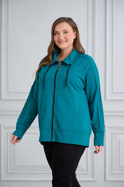 Bluza de trening marime mare cu fermoar si buzunare - petrol