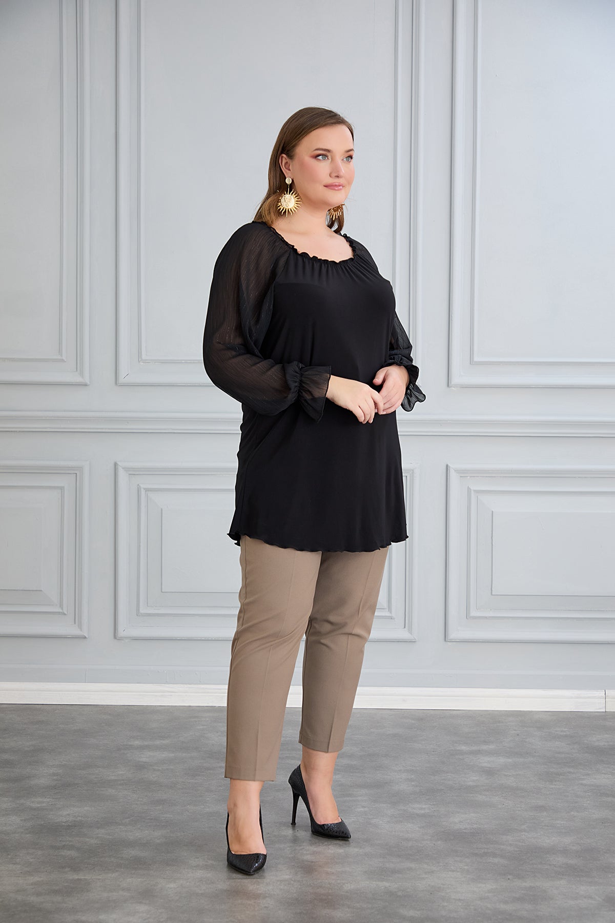 Tunica marime mare cu maneci chic din sifon