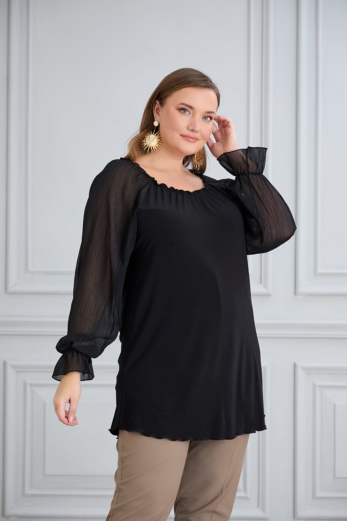 Tunica marime mare cu maneci chic din sifon