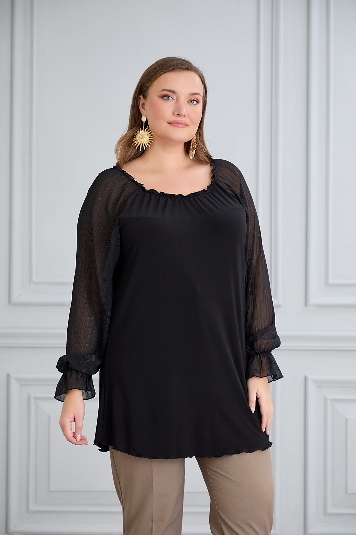 Tunica marime mare cu maneci chic din sifon