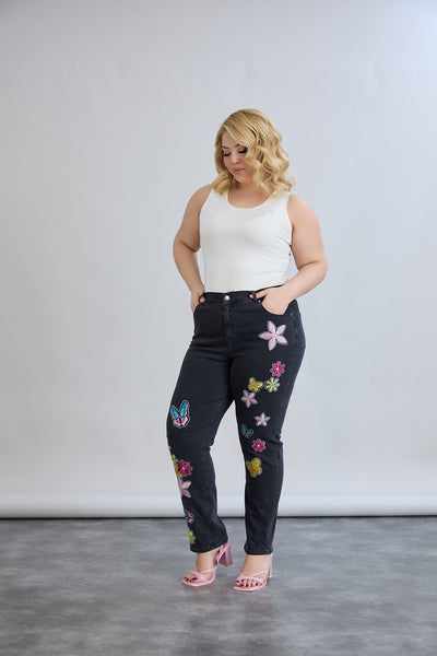 Blugi elastici marimi mari cu broderie colorata si pietricele
