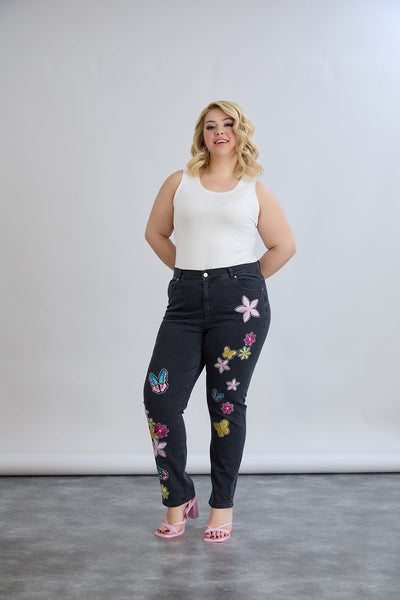 Blugi elastici marimi mari cu broderie colorata si pietricele