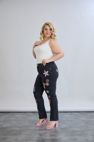 Blugi elastici marimi mari cu broderie colorata si pietricele