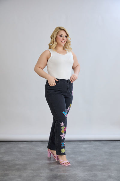Blugi elastici marimi mari cu broderie colorata si pietricele