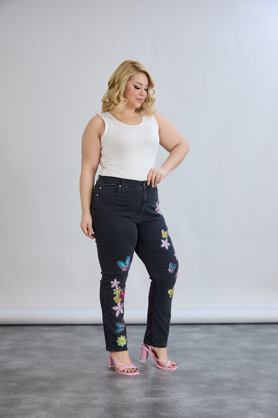 Blugi elastici marimi mari cu broderie colorata si pietricele
