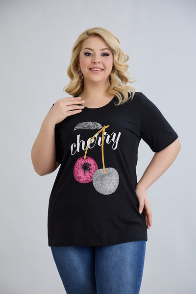 Tricou marime mare din bumbac Cherry - negru