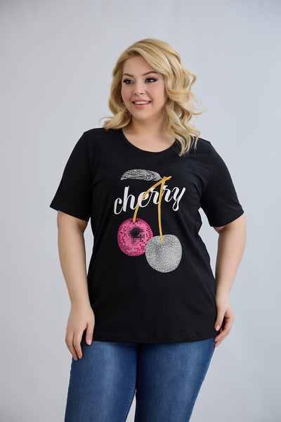 Tricou marime mare din bumbac Cherry - negru