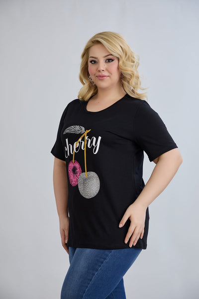 Tricou marime mare din bumbac Cherry - negru
